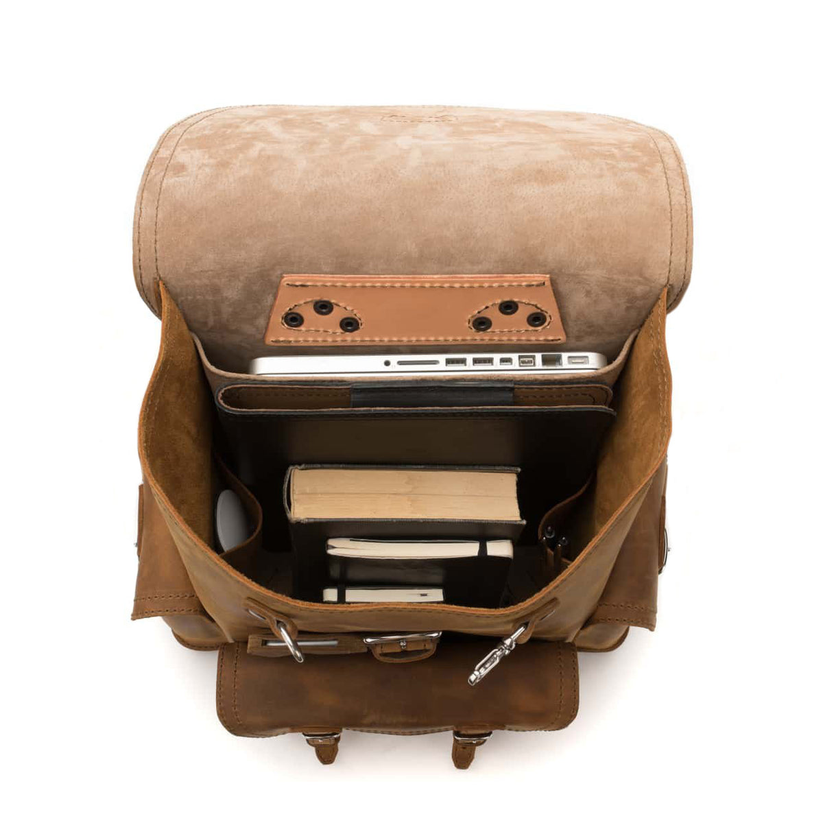 Front Pocket Leather Backpack in Tobacco, top view open with a laptop and books inside