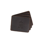Los Angeles Angels of Anaheim Leather Coaster Set in Dark Coffee Brown, four fanned coasters with embossed halo A logo