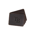 Tampa Bay Rays Leather Coaster Set in Dark Coffee Brown, four fanned coasters with embossed TB logo
