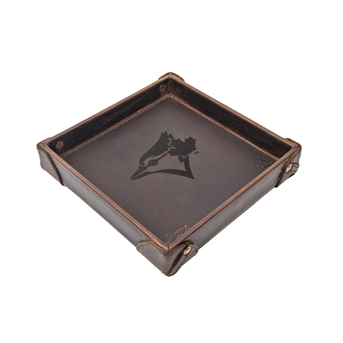 Toronto Blue Jays Leather Valet Tray in Dark Coffee Brown with riveted corners and embossed blue jay head logo