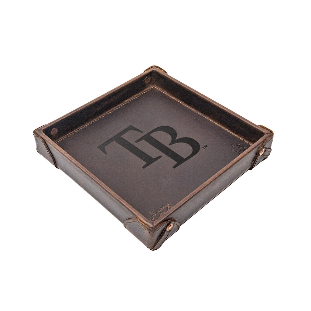 Tampa Bay Rays Leather Valet Tray in Dark Coffee Brown with riveted corners and embossed TB logo