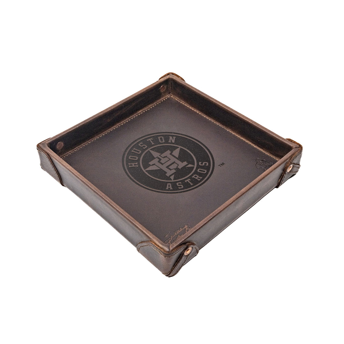 Houston Astros Leather Valet Tray in Dark Coffee Brown with riveted corners and embossed Houston Astros star logo