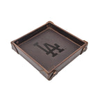 Los Angeles Dodgers Leather Valet Tray in Dark Coffee Brown with riveted corners and embossed LA logo