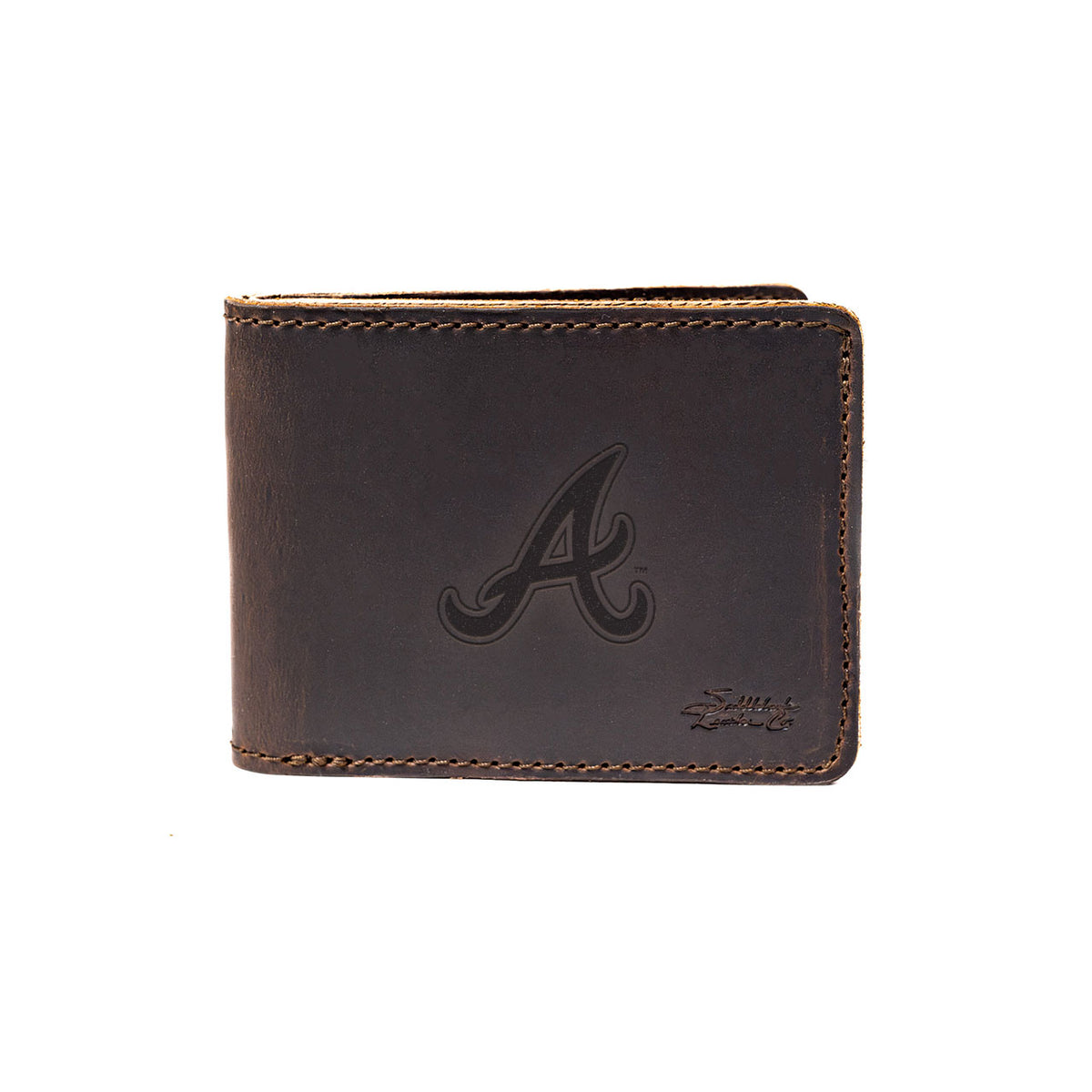 Leather Bifold Wallet in Dark Coffee Brown with embossed Atlanta Braves A logo, closed front view