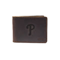 Leather Bifold Wallet in Dark Coffee Brown with embossed Philadelphia Phillies P logo, closed front view