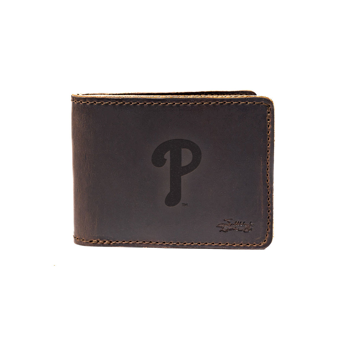 Leather Bifold Wallet in Dark Coffee Brown with embossed Philadelphia Phillies P logo, closed front view