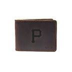 Leather Bifold Wallet in Dark Coffee Brown with embossed Pittsburgh Pirates P logo, closed front view