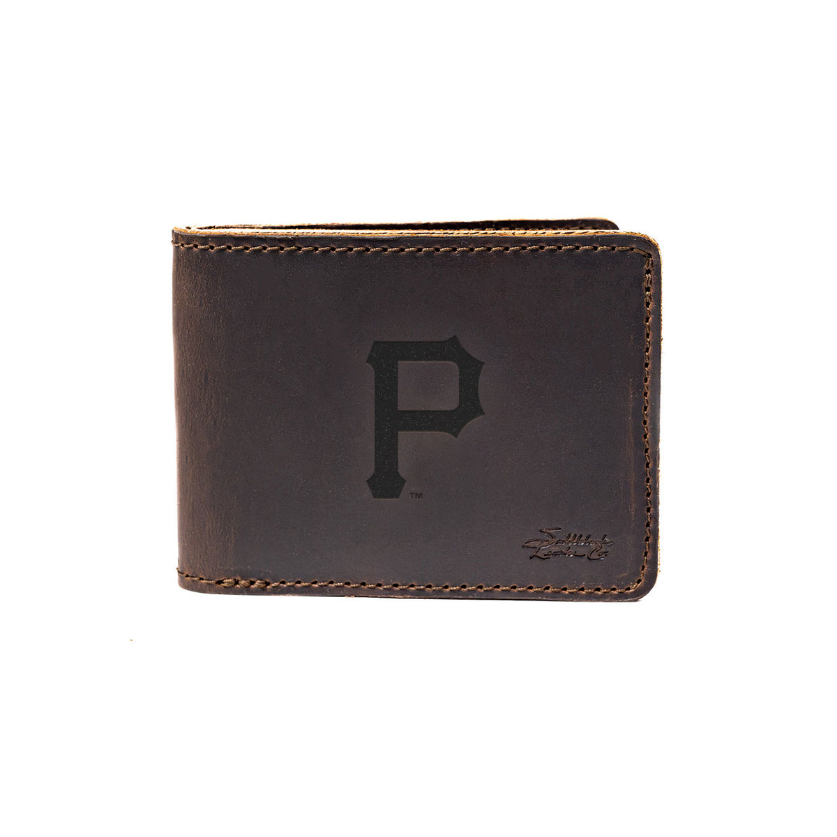 Leather Bifold Wallet in Dark Coffee Brown with embossed Pittsburgh Pirates P logo, closed front view