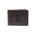 Leather Bifold Wallet in Dark Coffee Brown with embossed St. Louis Cardinals STL logo, closed front view