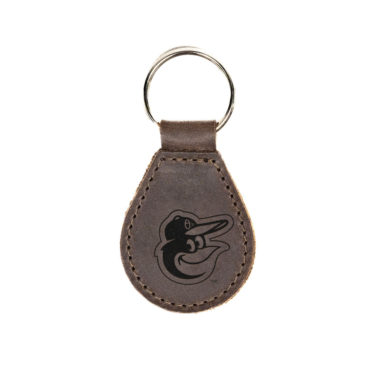 Leather Keychain in Dark Coffee Brown with embossed Baltimore Orioles bird logo and silver key ring