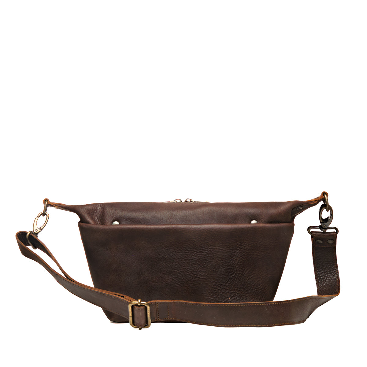 London Sling Small in Dark Coffee Brown, front view with snap pocket and full-length buckled strap