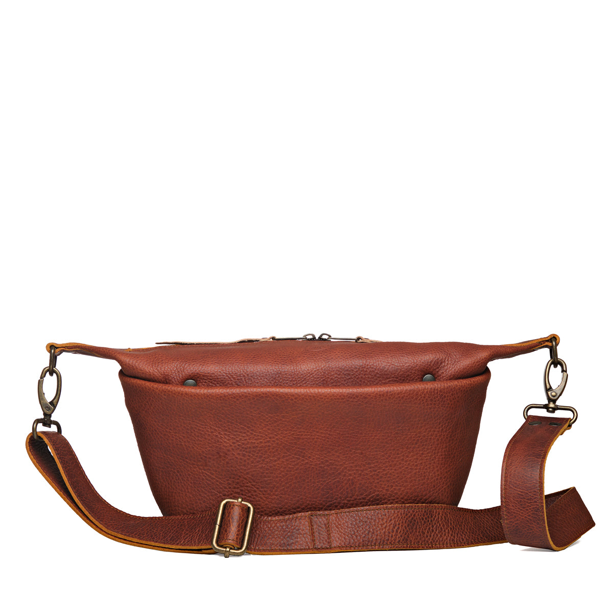 London Sling Small in Chestnut, front view with snap pocket and full-length buckled strap