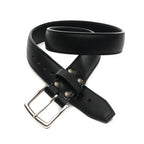 Leather Tow Belt in Black with stainless steel buckle and screw-post keeper, coiled