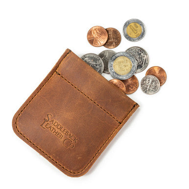 Bear Trap Leather Coin Purse in Tobacco with coins spilling from the spring-clasp opening