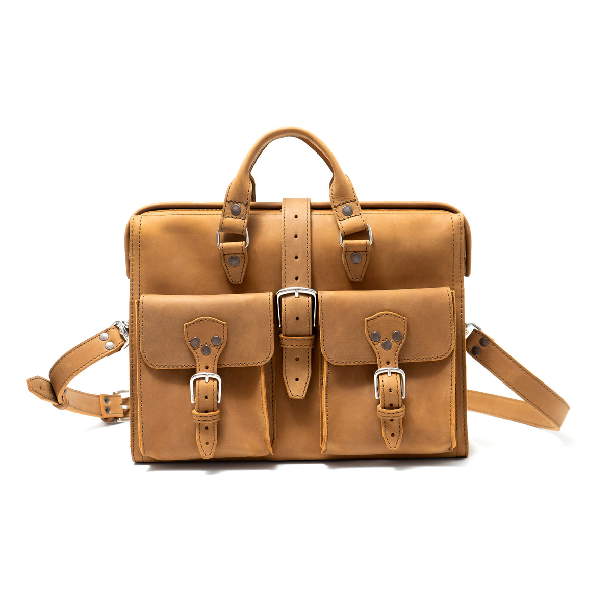 Flight Bag Leather Briefcase in tan, front view with two buckled pockets, top handles, and shoulder strap