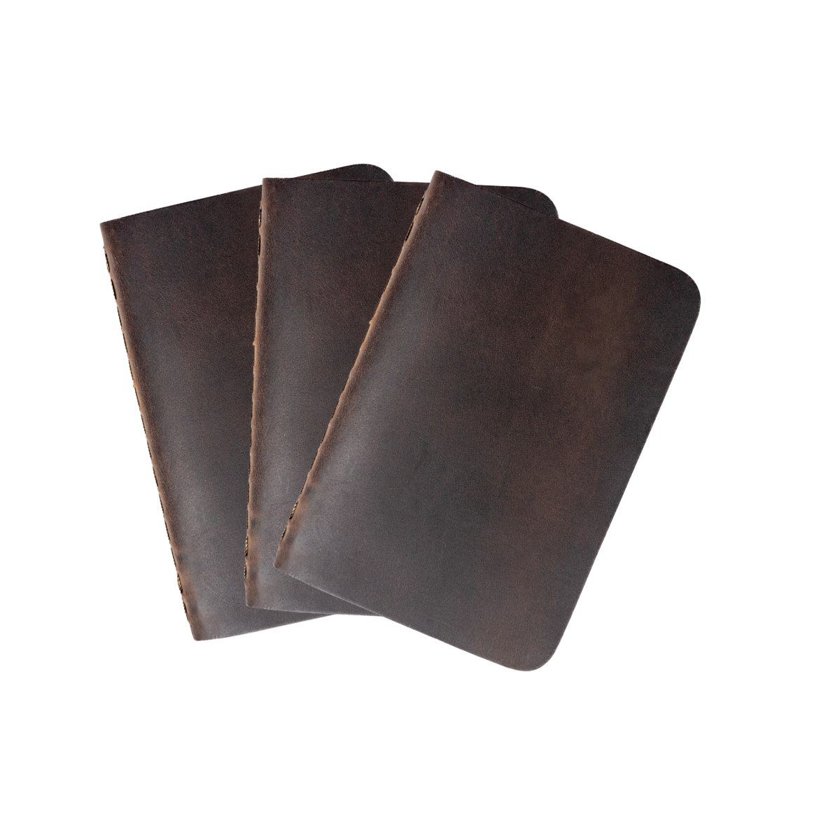 Leather Pocket Notebook Set in Dark Coffee Brown, three stitched notebooks fanned out