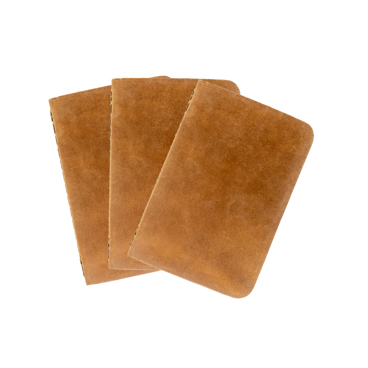 Leather Pocket Notebook Set in Tobacco, three stitched notebooks fanned out
