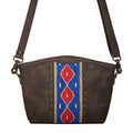 Lanita Medium Crossbody in dark brown, front view with blue and red woven panel, stud trim and shoulder strap