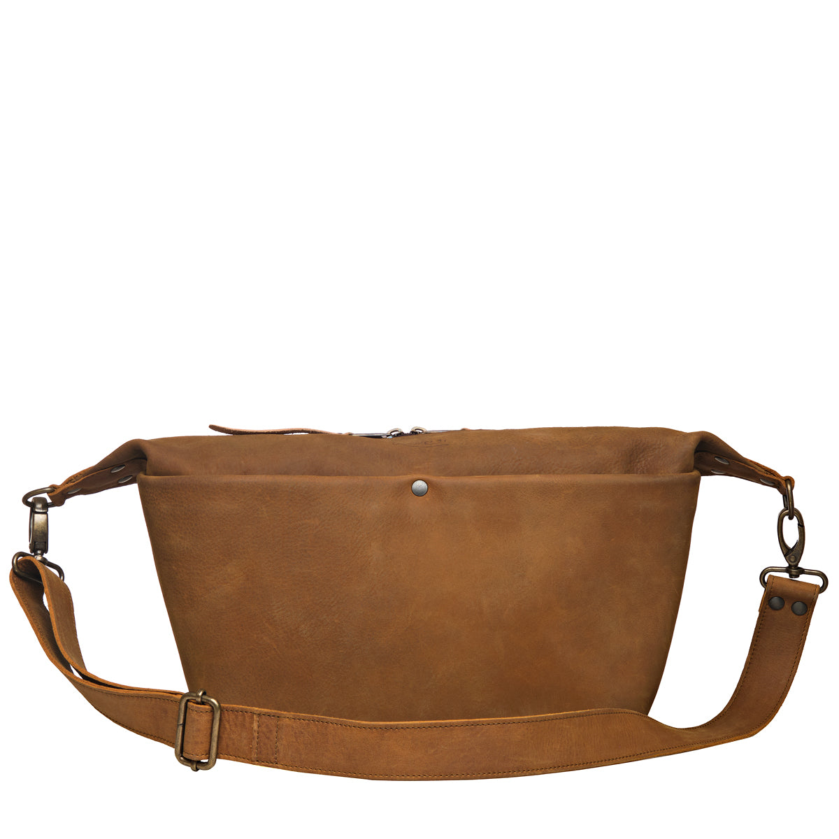 London Sling Large in Tobacco, front view with snap pocket and buckled adjustable strap