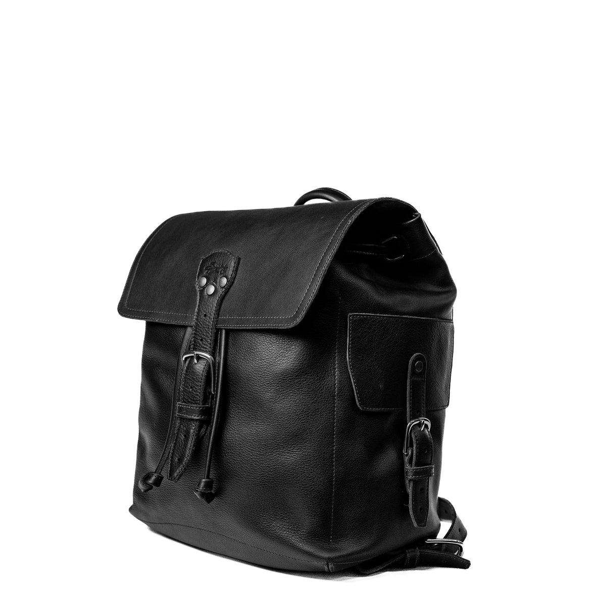 16" Drawstring Backpack in Black, angled front view with buckled flap and side pocket