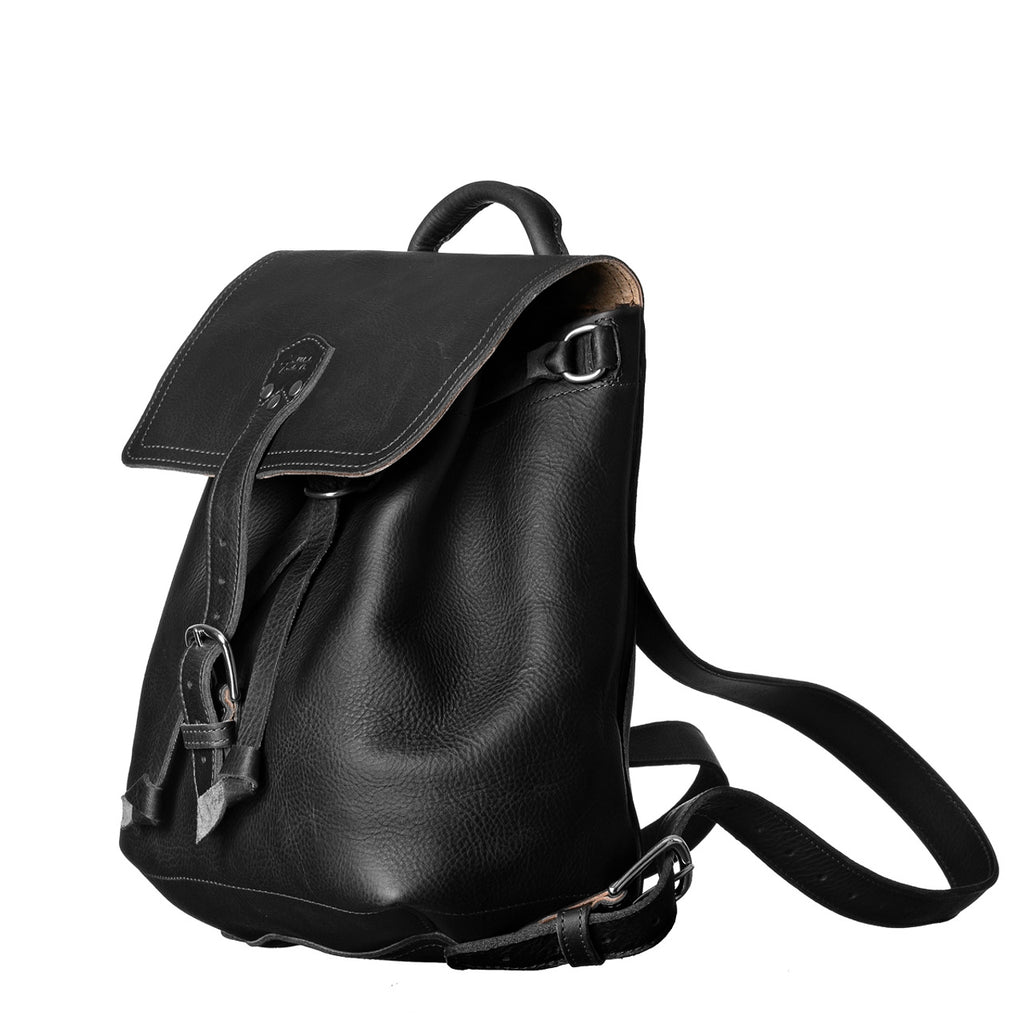 12" Drawstring Backpack in Black, angled view with buckled flap, top handle and shoulder strap
