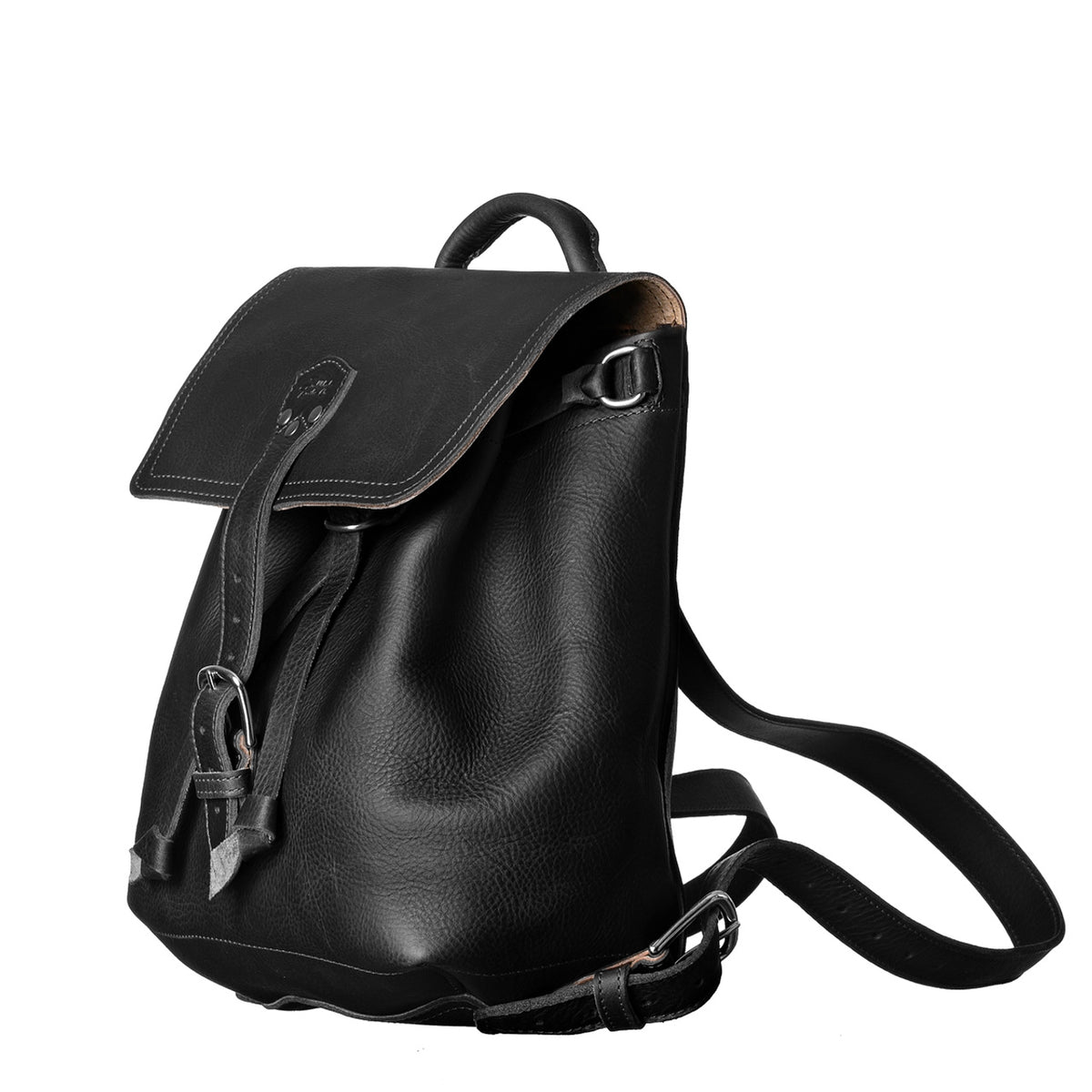 12" Drawstring Backpack in Black, angled view with buckled flap, top handle and shoulder strap