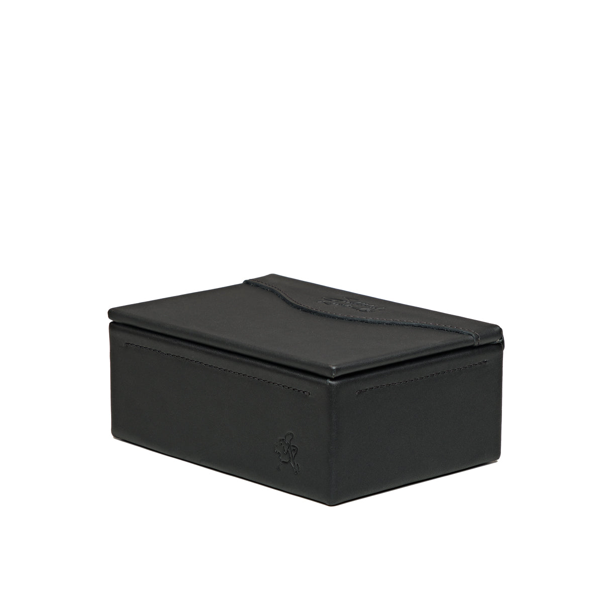 Small Organizer Box in Black, closed lid with embossed logo, angled side view