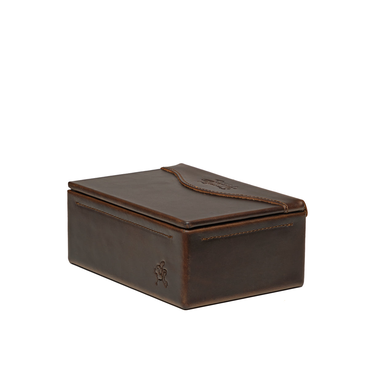Small Organizer Box in Dark Coffee Brown, closed lid with embossed logo, angled side view