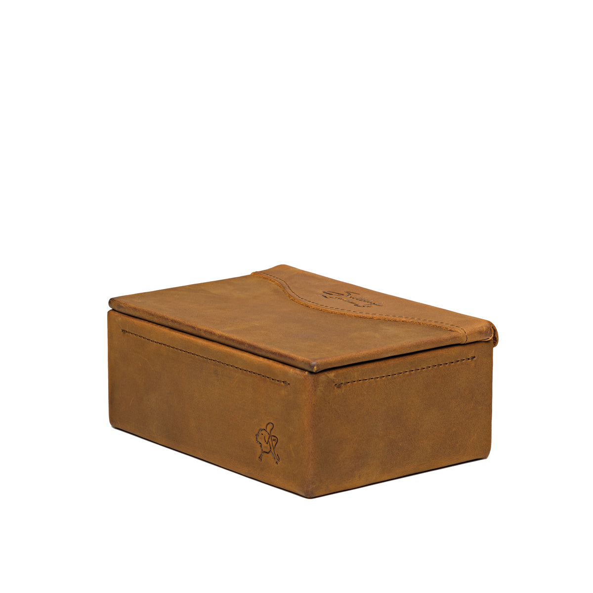 Small Organizer Box in Tobacco, closed lid with embossed logo, angled side view