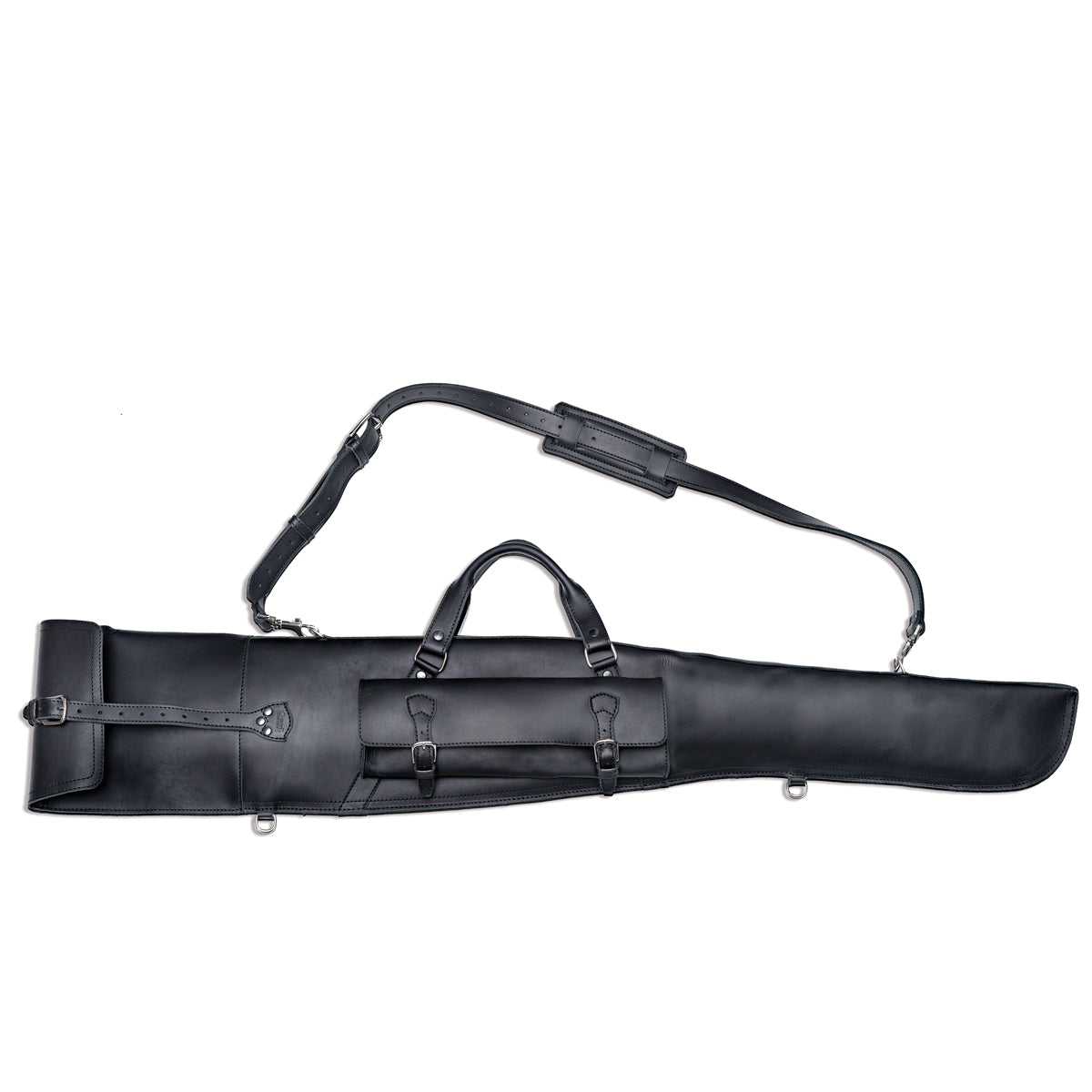 Shotgun Sleeve in Black, side view with buckled pocket, carry handle and shoulder strap