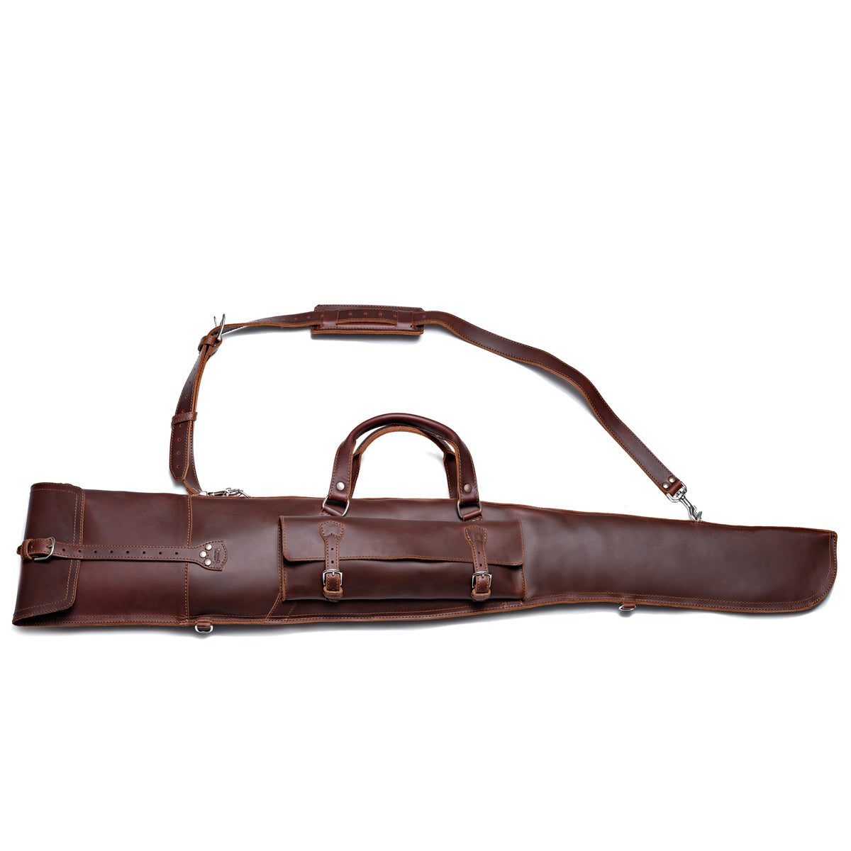 Shotgun Sleeve in Chestnut, side view with buckled pocket, carry handle and shoulder strap