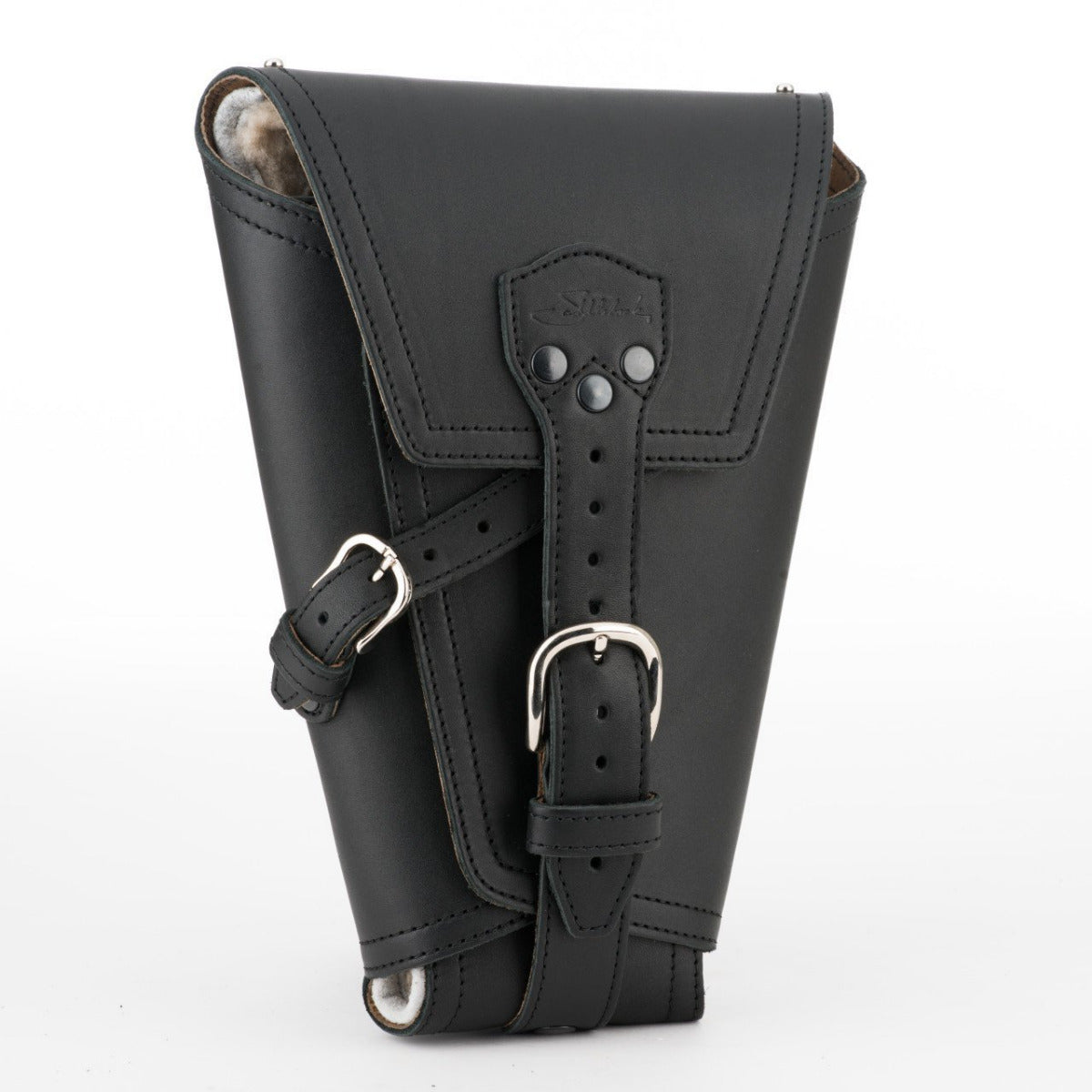 Leather Pistol Wrap in Black, front view folded closed with two buckle straps and logo patch