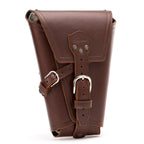 Leather Pistol Wrap in Chestnut, front view folded closed with two buckle straps and logo patch
