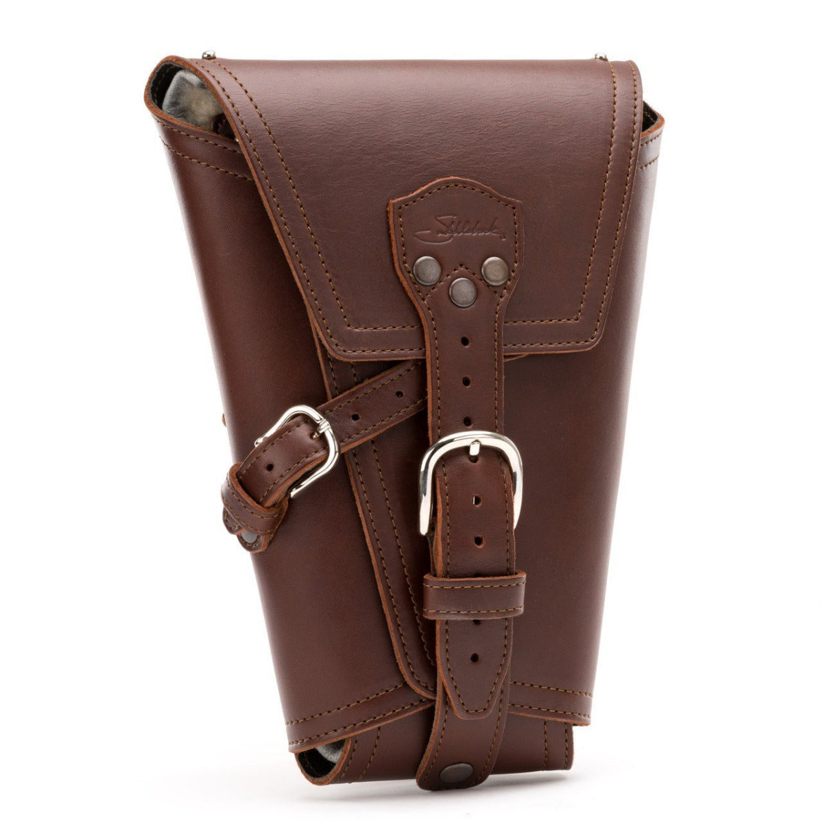 Leather Pistol Wrap in Chestnut, front view folded closed with two buckle straps and logo patch