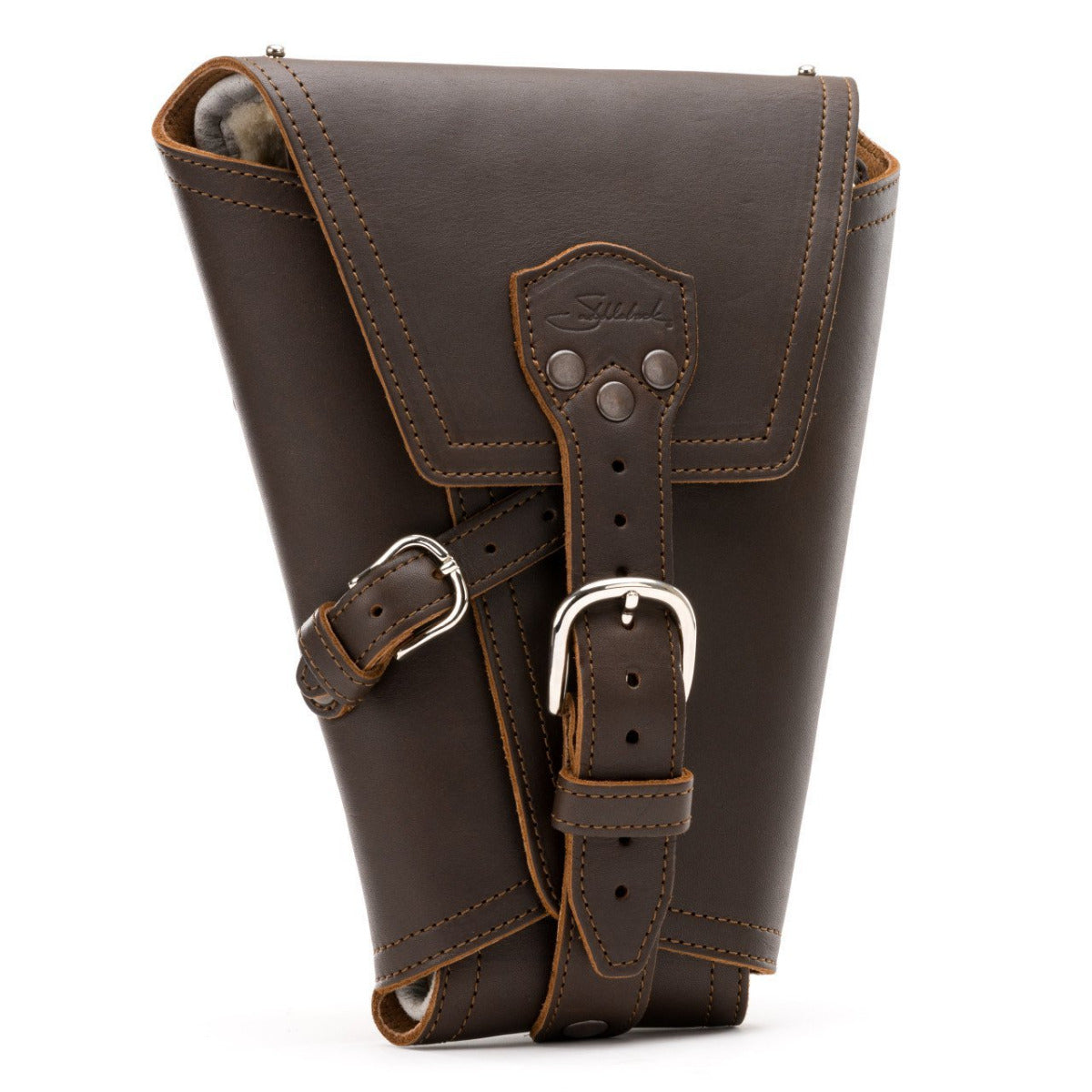 Leather Pistol Wrap in Dark Coffee Brown, front view folded closed with two buckle straps and logo patch