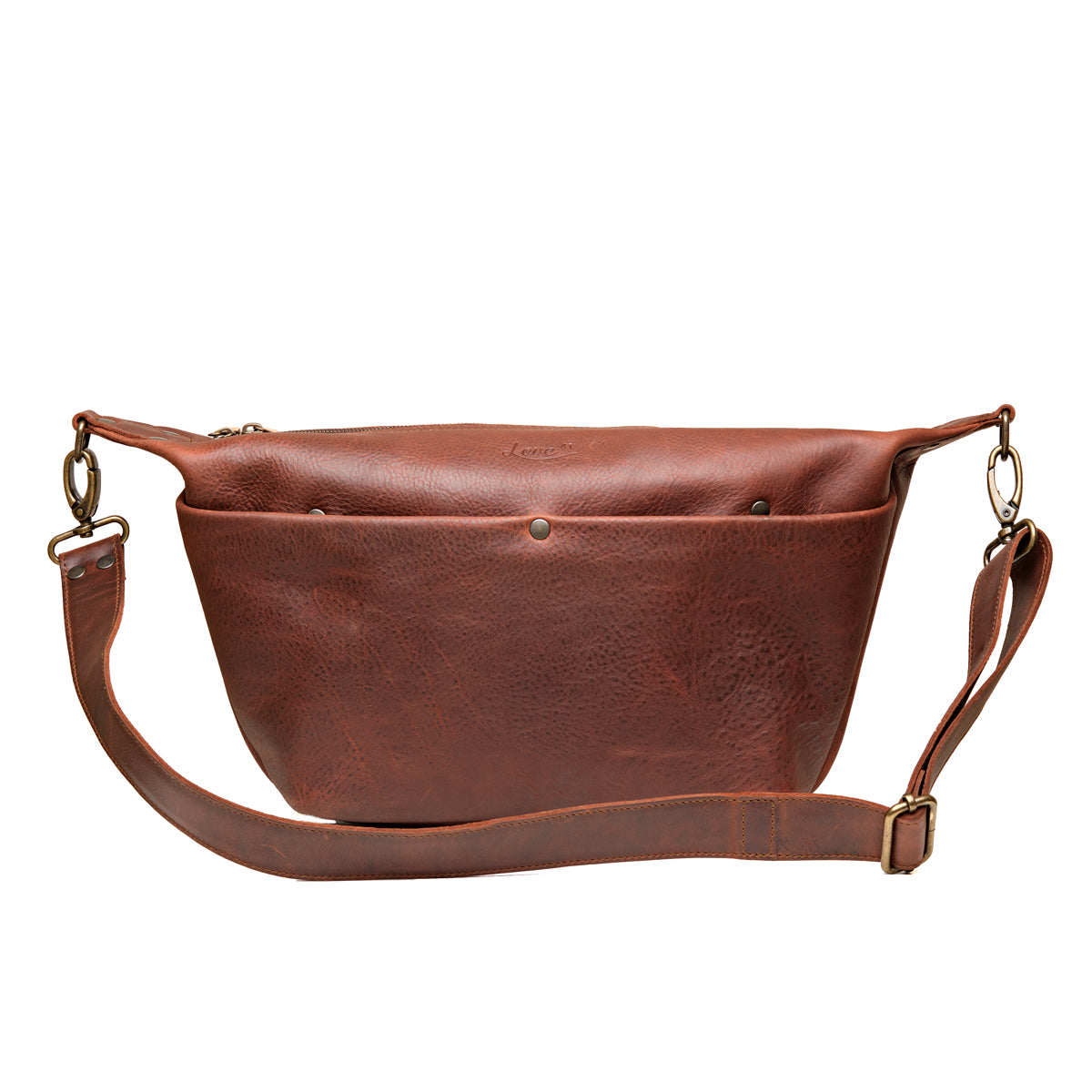 London Sling Large in Chestnut, front view with snap pocket and buckled adjustable strap