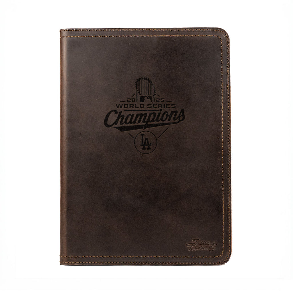 Leather Portfolio - Los Angeles Dodgers World Series Champions in Dark Coffee Brown, closed front engraved with champions logo