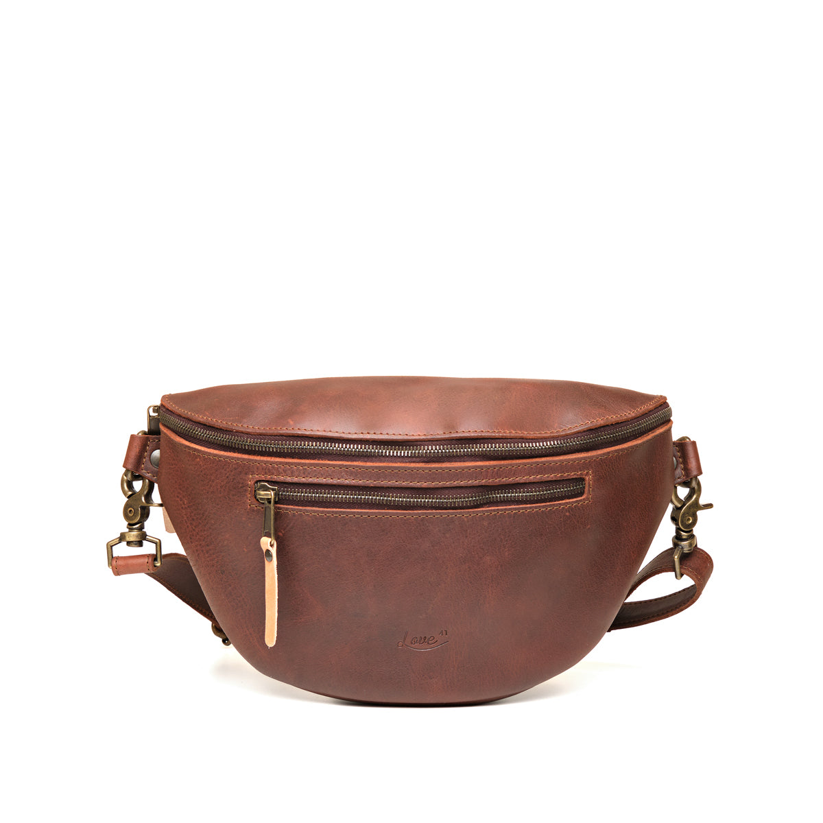 Leather Tumbled Fanny Bag in Chestnut, front view with zippered front pocket and embossed logo
