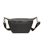 London Sling Small in Black, front view with snap pocket and adjustable strap