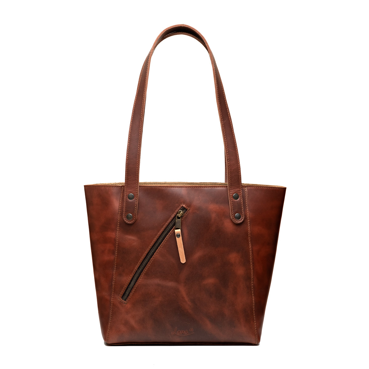 Concealed Carry Leather Tote in Chestnut, front view with diagonal zippered pocket and shoulder straps