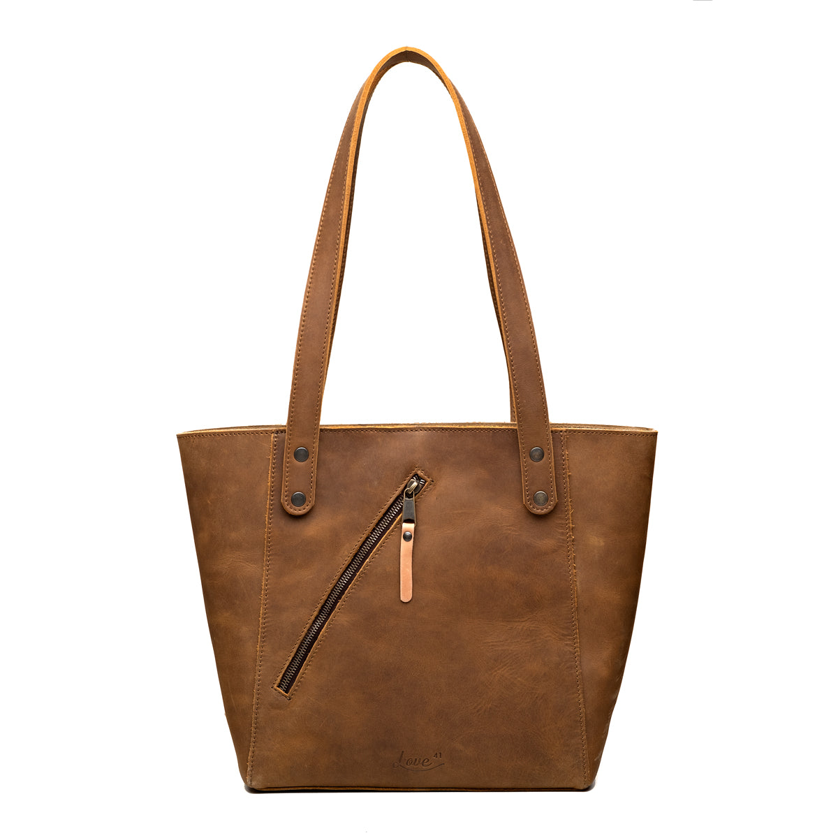Concealed Carry Leather Tote in Tobacco, front view with diagonal zippered pocket and shoulder straps