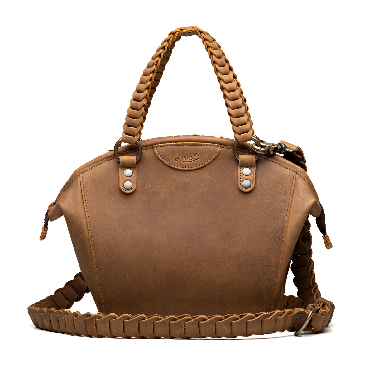 Dovetail Satchel in Tobacco, front view with braided handles and braided shoulder strap
