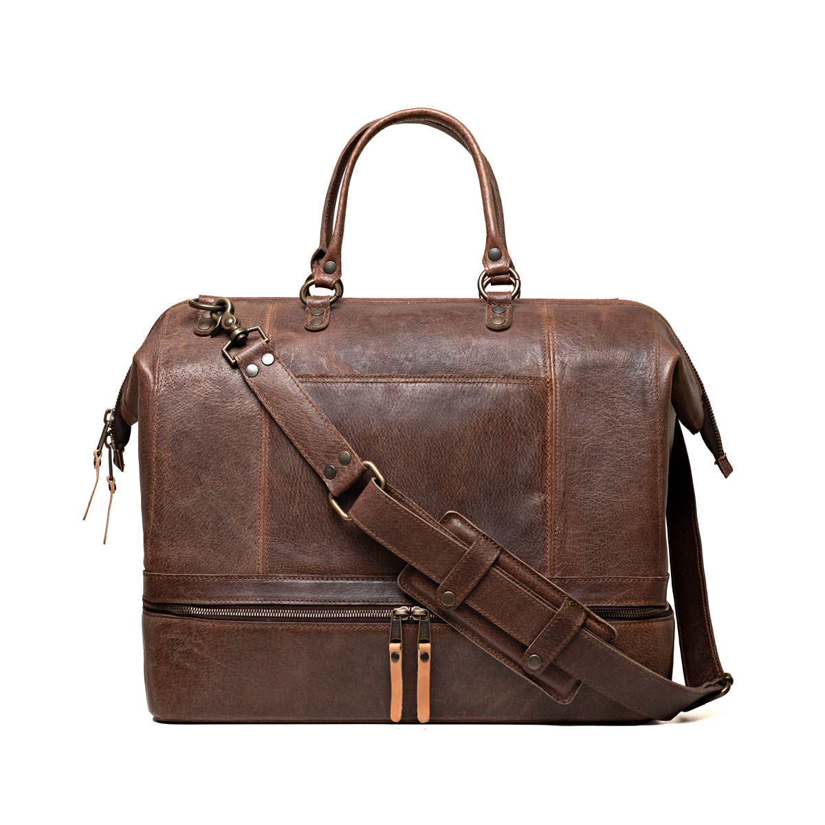 Two Compartment Duffle in Dark Coffee Brown, front view with top handles, shoulder strap and zippered bottom compartment