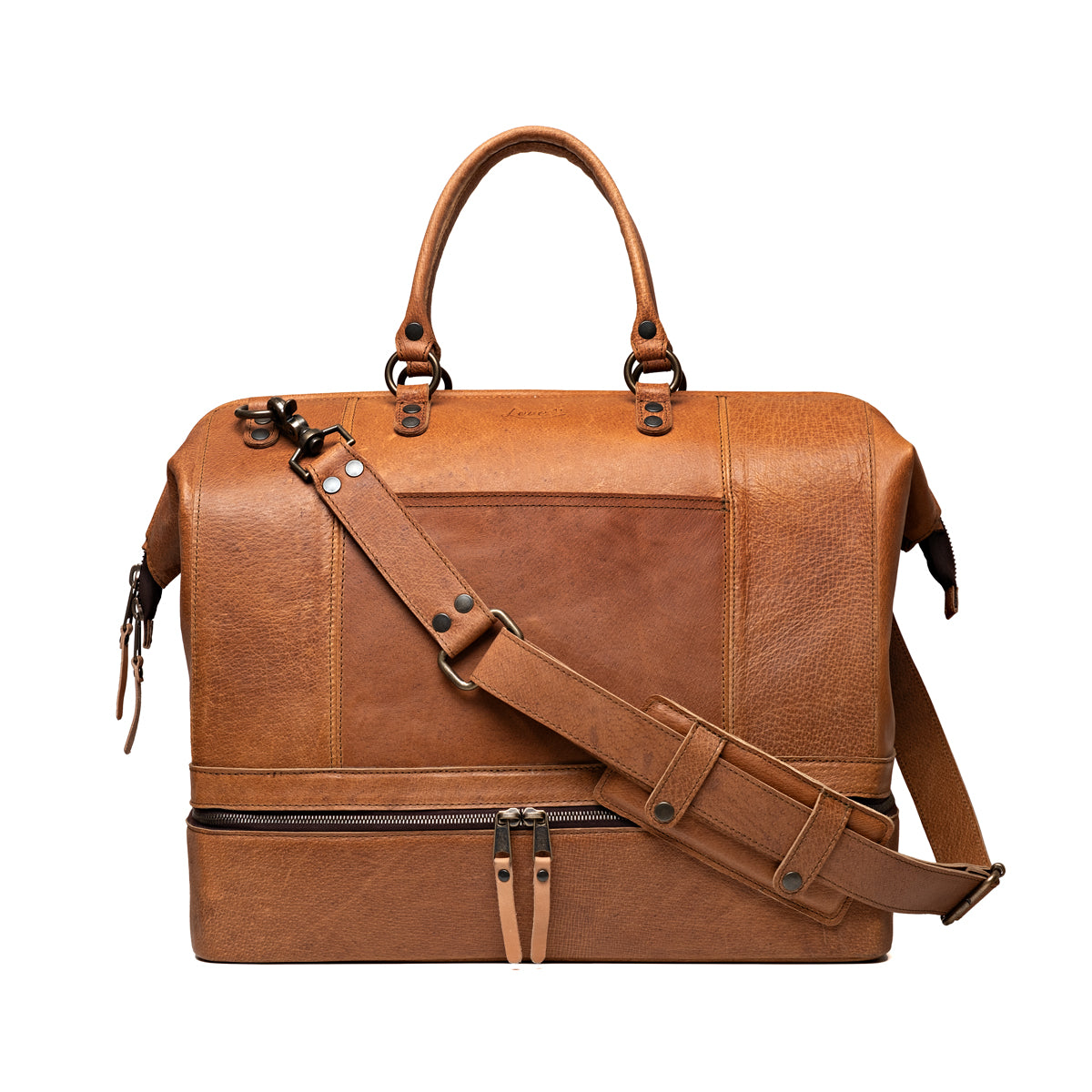 Two Compartment Duffle in Tobacco, front view with top handles, shoulder strap and zippered bottom compartment