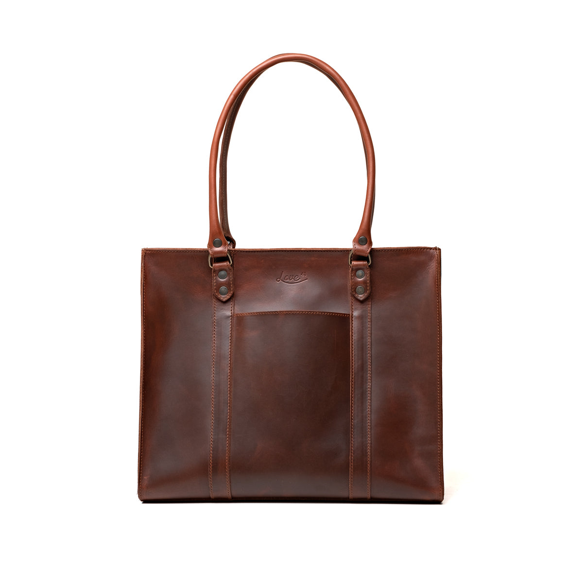 Women's Work Tote in Chestnut, front view with riveted shoulder handles and front slip pocket