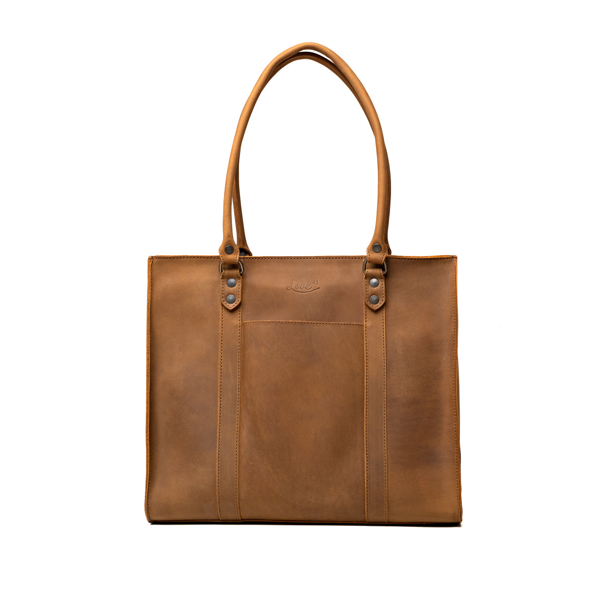 Women's Work Tote in Tobacco, front view with riveted shoulder handles and front slip pocket
