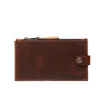 Leather Long Wallet in Chestnut, front view with top zipper and snap tab closure