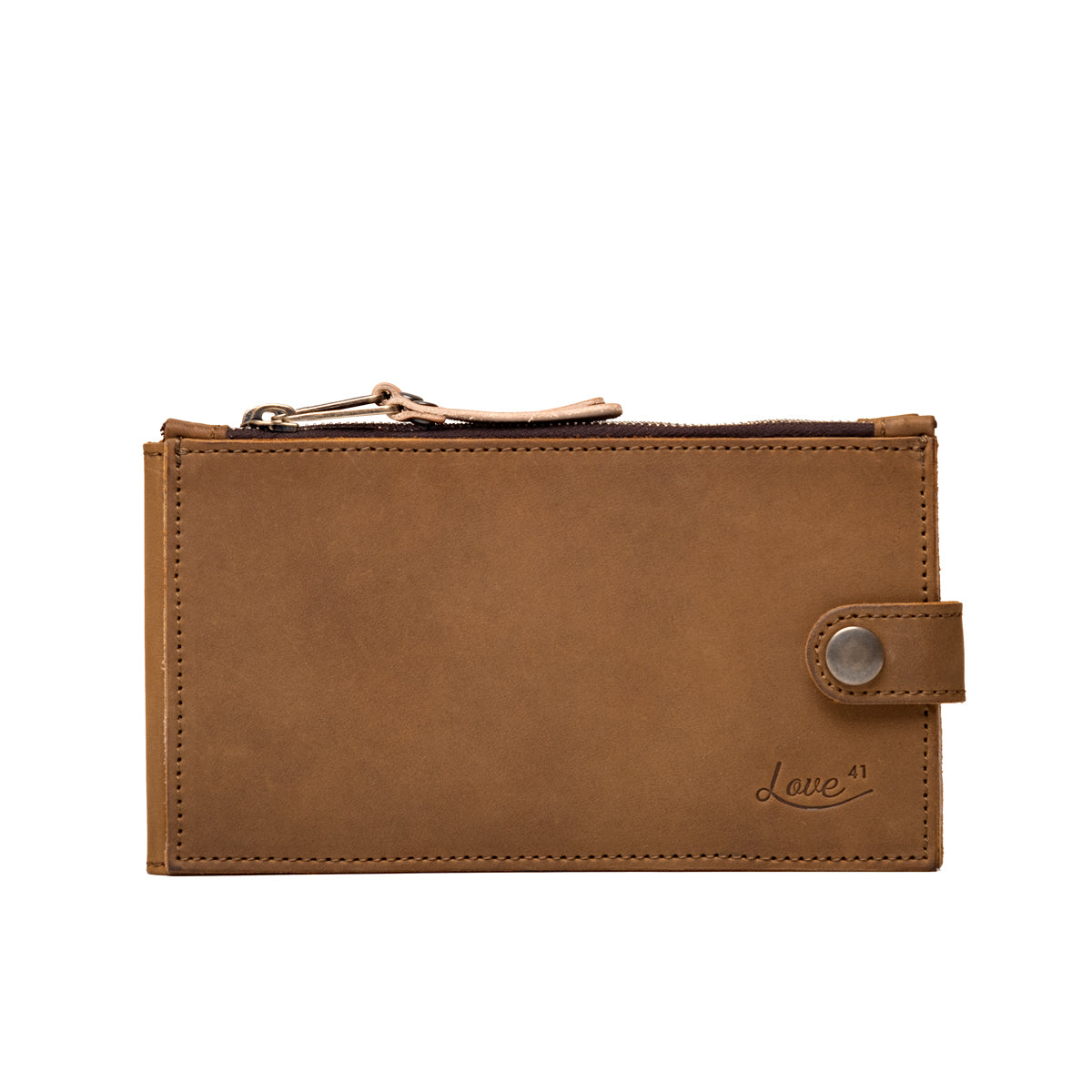 Leather Long Wallet in Tobacco, front view with top zipper and snap tab closure