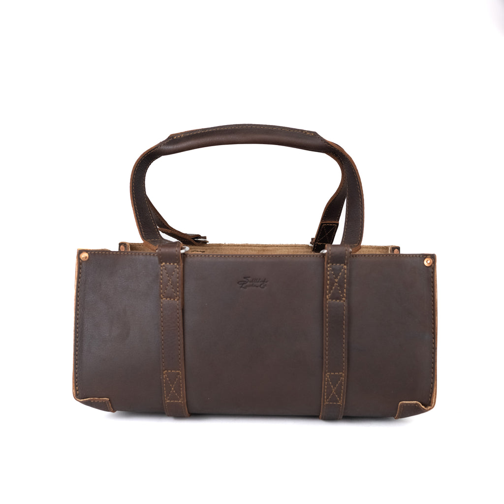 Range and Tool Tote in Dark Coffee Brown leather with strap-wrapped body and twin handles, front view