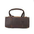 Range and Tool Tote in Dark Coffee Brown leather with strap-wrapped body and twin handles, front view